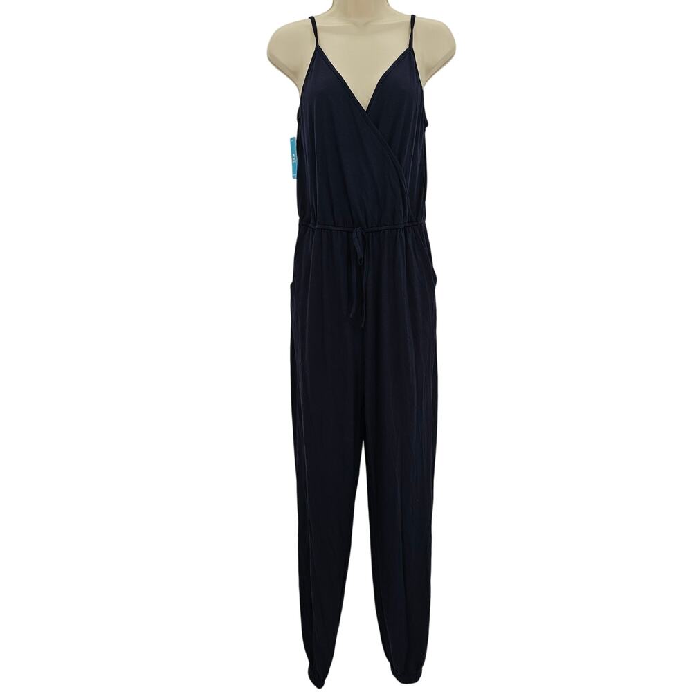 Cupshe Womans size M Tereza Drawstring Waist V-Neck Tank Jumpsuit Navy Blue NEW